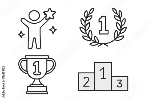 Winner and pedestal outline icons set with star figure, championship cup, laurel wreath, and winner podium, simple linear vector collection for web, apps, cards, and books