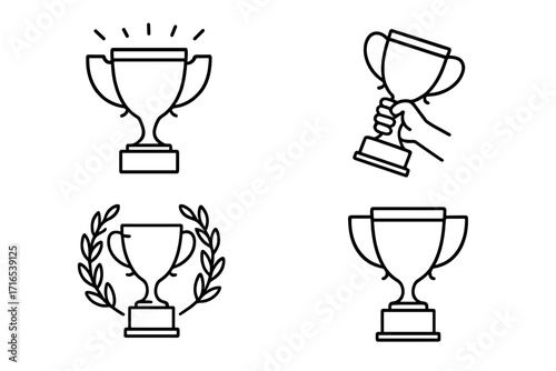 Winning cup trophy line icon collection, editable stroke vector set for infographics, articles, banners, flyers, illustrations, award symbols, achievement and success design