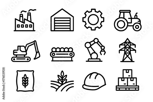 Set of Industry and Agriculture Line Icons Factory Warehouse Gear Tractor Excavator Conveyor Robot Arm Power Pole Safety Helmet Grain Field Package Boxes Vector