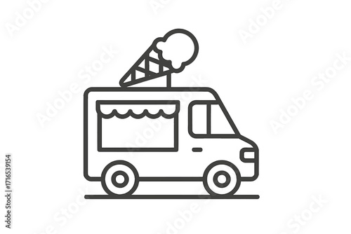 Ice cream truck line icon vector illustration. Food van selling frozen dessert, gelato, and sweets. Mobile street food business concept for summer season. Simple outline art.