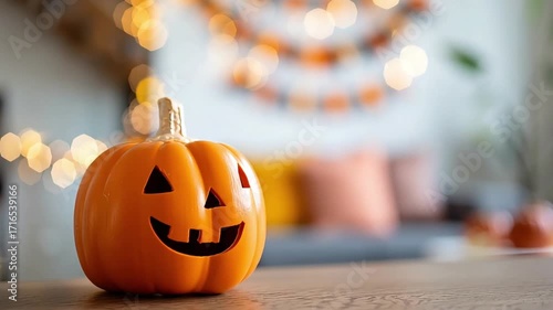 Halloween Pumpkin Decoration on Wooden Table with Cozy Lights