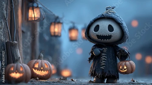 Halloween Scarecrow Doll with Pumpkins and Lanterns at Night