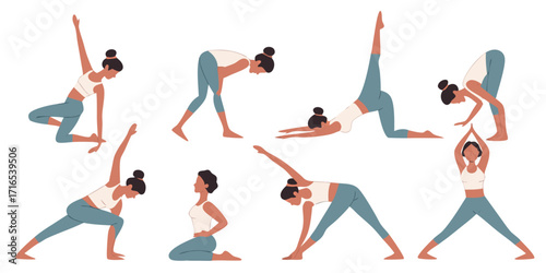 Vector Set of Women Practicing 10 Yoga Asanas