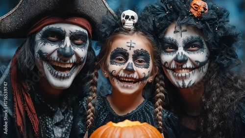 Happy Family in Skeleton Costumes Celebrating Halloween with Pumpkin
