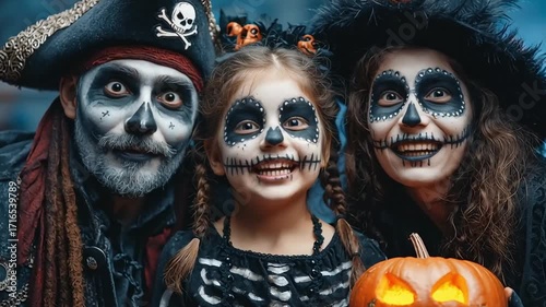 Happy Family in Skeleton Costumes Celebrating Halloween