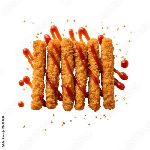 Delicious crispy chicken sticks with ketchup. Perfect for a snack or meal.