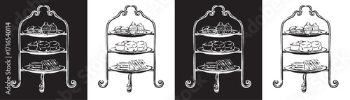 Vintage Hand-Drawn Dessert Stand Illustration – Elegant High Tea Cakes, Cupcakes, and Pastries Sketch