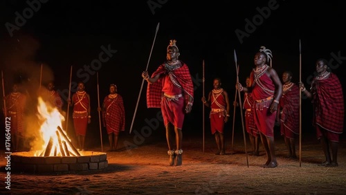 Maasai warriors dance around a fire at night in traditional clothing
