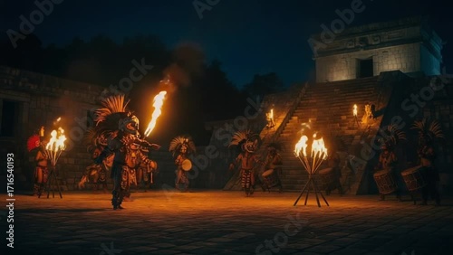 Mayan ritual dance with fire at ancient temple in the night time