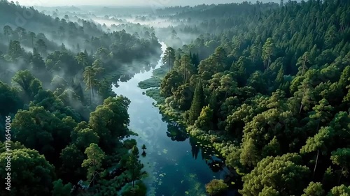 Misty Green Forest with River at Sunrise – Aerial Landscape View
