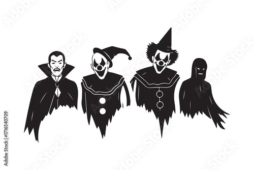 Vampire and three creepy clowns and ghost silhouette