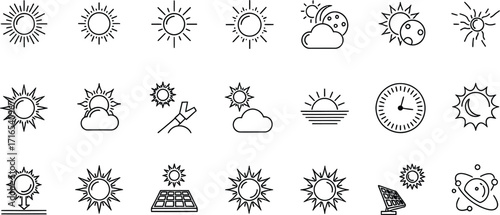 Sun icons vector set solar energy sunlight sunrise sunset weather forecast climate change outline design