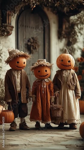 Vintage Halloween Family with Pumpkin Heads in Rustic Setting