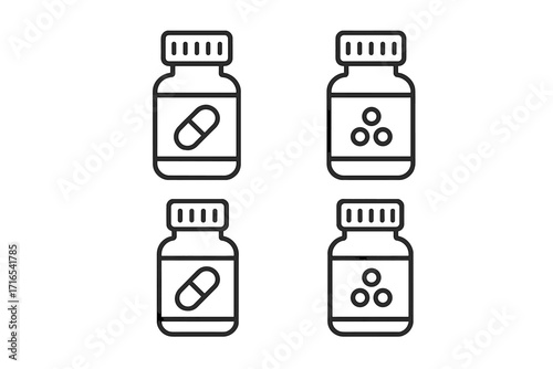 Medicine bottle icon set. Pill and capsule container line icons. Editable stroke vector for pharmacy, healthcare, and medical apps. Pharmaceutical packaging symbol pack.