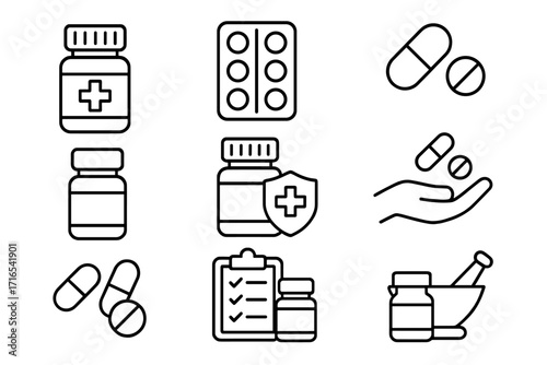 Medicine and pharmacy line icon set. Healthcare and medical symbols. Pills, bottle, capsule, prescription drug, vitamin, supplement, and treatment vector icons. Editable stroke.