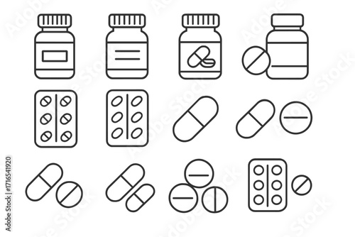 Medicine icon set. Pills, tablets, capsules, and drug bottle outline symbols. Pharmacy and healthcare concept. Medical treatment, prescription drugs, vitamins, and supplements.