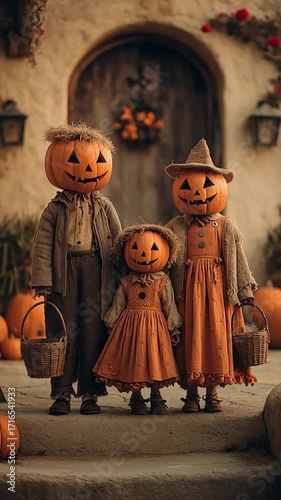 Vintage Style Family in Pumpkin Head Costumes