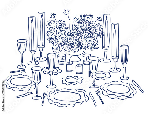 Elegant Wedding Table Setting Illustration – Floral Centerpiece, Candles, Wine Glasses and Dinnerware in Hand-Drawn Line Art Style