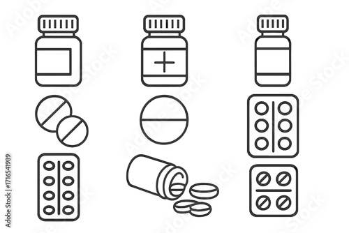 Pills and medication thin line icon set. Vector collection of medical drug bottles, tablets, and blister packs. Pharmacy and healthcare concept. Editable stroke illustration.