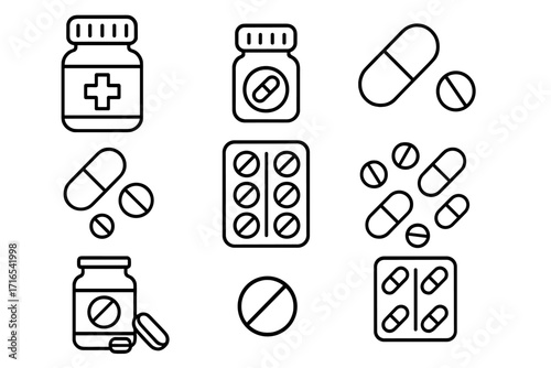 Medicine and pharmacy simple line icon set. Medical healthcare vector collection. Pill bottle, capsule, tablet, drug, blister pack icons. Prescription medication symbol. Health care.