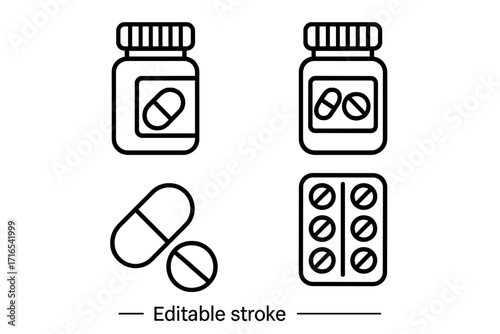 Medical line icon set. Pill bottle, tablet, capsule, blister pack. Simple outline vector. Pharmacy, healthcare, prescription drug symbol. Medicine, treatment, vitamin concept.