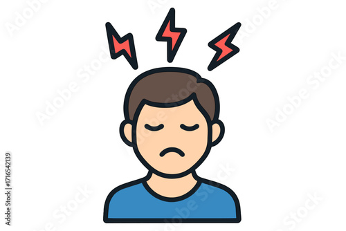 Headache, migraine, stress, tension. Man with head pain. Sick, sad, tired person icon. Vector cartoon illustration. Mental health, fatigue, illness, unwell, suffering concept.