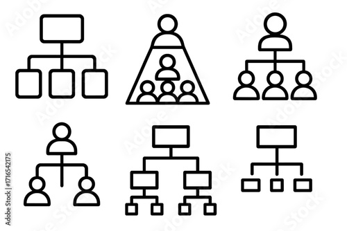 Set of hierarchy and organization structure icons. Business management and corporate leadership concept. Teamwork, workflow, and flowchart vector line icon collection.