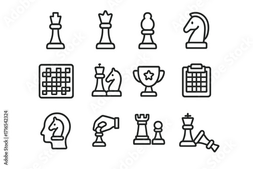 Chess line icon set. Vector symbols of game strategy, tournament, and competition. Includes king, queen, knight, and checkmate icons. Editable stroke outline pictogram collection.