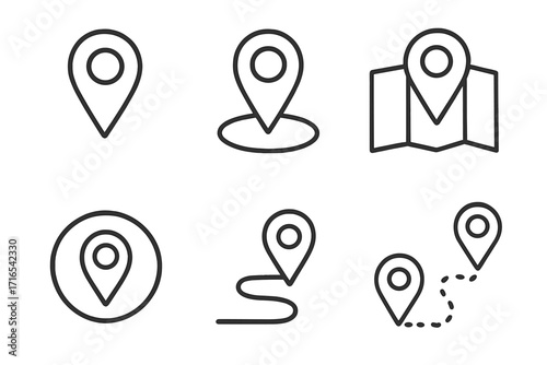 Map pin line icon set. Location pointer, GPS navigation, route and destination symbols. Minimalist pictogram collection for web, app UI design. Editable stroke vector signs.