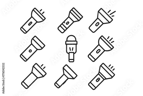 Flashlight line icon set. Torch pictogram collection. Editable stroke vector icons. Portable lamp for hiking, camping, emergency. Search light symbol for web, app design.
