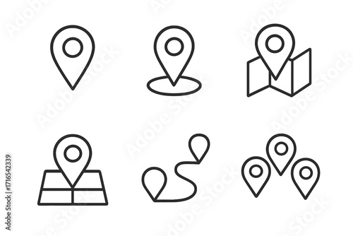 Map pin line icon pack. Location marker and navigation route symbol collection. Editable stroke vector for UI UX design, apps, and web. GPS destination pointer pictogram set.