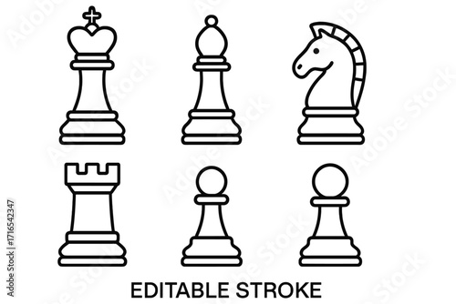 Chess pieces icon collection. Line art set with king, bishop, knight, rook, pawn. Simple outline symbols for strategy, game, competition. Editable stroke vector illustration.