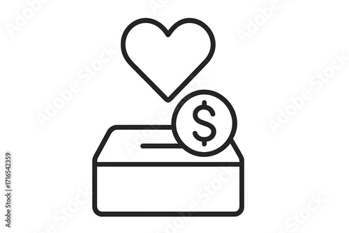 Donation box icon with heart and dollar coin. Charity, fundraising, and help concept. Vector linear symbol for giving money, financial support, love, and volunteering.
