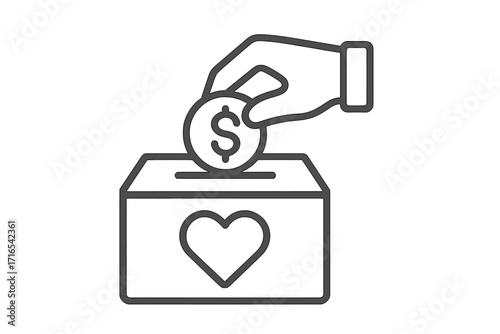Donation icon. Hand putting coin in charity box with heart. Concept of giving money, fundraising, help and support. Financial aid and social care. Vector line symbol.