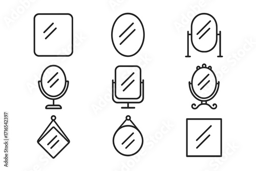 Mirror line icon set. Collection of thin editable stroke icons. Reflection, looking glass, vanity symbol. Wall, tabletop, and vintage mirrors for home and beauty concepts.