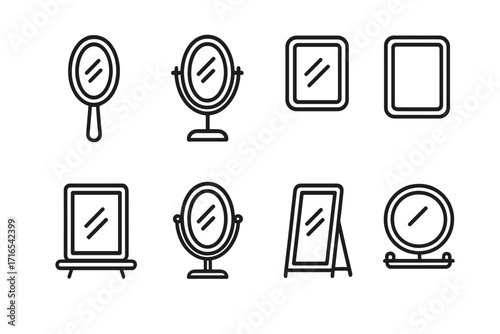Mirror line icon set. Vector collection of hand, vanity, and wall mirrors. Editable stroke symbols for interior design, beauty, and decor. Outline furniture pictograms.