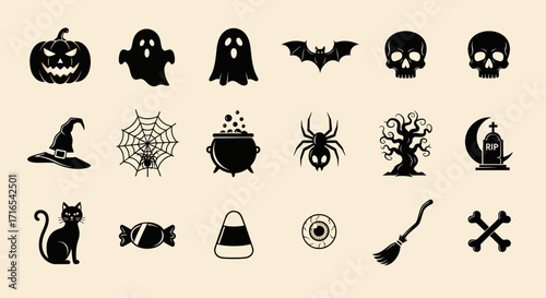 Halloween Icon Set 16 Spooky Black Glyphs for Party Web Print