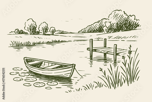 Lakeside boat and pier sketch hand drawn landscape vector illustration