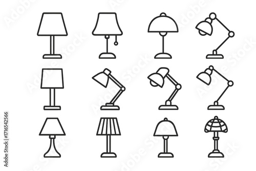 Table lamp and desk lamp line icon set. Collection of lighting equipment symbols for home and office interior design. Editable stroke vector graphics for web, app, ui, and ux.