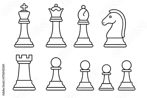 Chess pieces icon set. Line art collection of king, queen, bishop, knight, rook, pawn. Strategy board game symbols. Editable stroke vector for infographics and design.