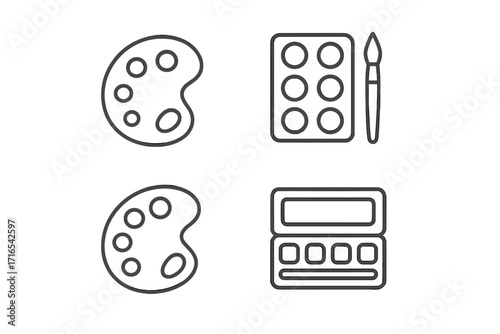 Art supplies line icon set. Paint palette, watercolor and brush outline icons. Minimalist pictogram pack for creative hobby, drawing and painting. Editable stroke vector signs.