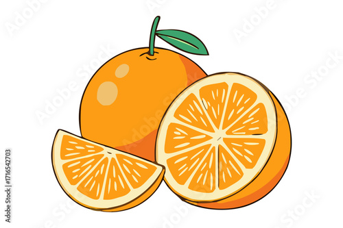 Whole and Sliced Oranges with Leaves - Vector Illustration