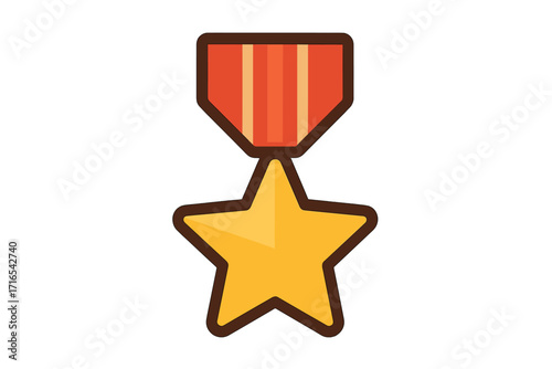 Military veteran honor medal with gold star and red ribbon, recognition award icon, flat style vector illustration for Veterans Day, army achievement decoration symbol, transparent background