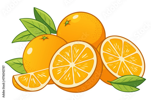 Whole and Sliced Oranges with Leaves - Vector Illustration