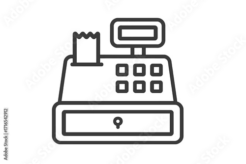 Minimalistic Linear Icon of Cash Register with Receipt, Editable Stroke Vector Cartoon Illustration for Cards, Apps, Banners, Posts, and Business Designs