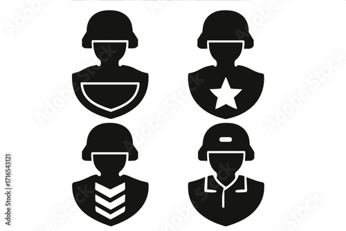 Soldier silhouette badge icon set, military rank and army helmet vector illustration, uniformed troops emblem collection, security forces symbols on transparent background stock