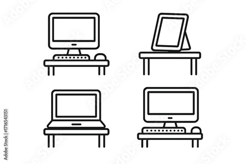 Computer workstation line icon set. Editable stroke. Desktop, laptop, tablet on desk symbols. UI, UX and web design graphic elements. Office technology vector signs.