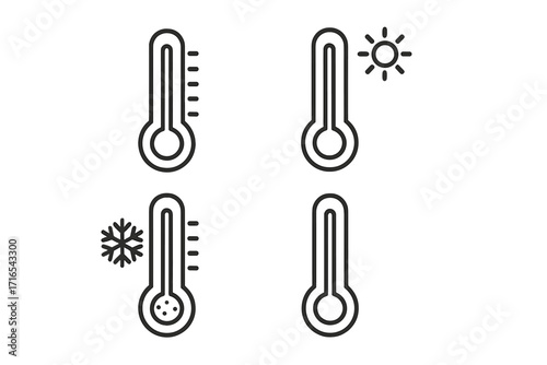 Thermometer icon set collection with editable thin stroke line art, hot and cold temperature symbols, sun and snowflake weather elements, vector cartoon illustration for web, app, card designs