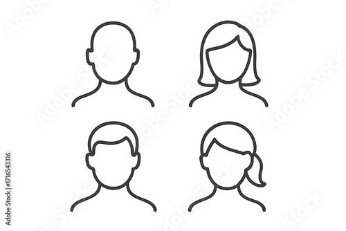 Set of faceless person profile line icons. User avatar collection for social media and web design. Minimalistic man and woman head silhouettes. Editable stroke vector pictogram.