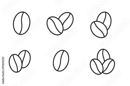 Coffee bean line icon set. Minimalistic outline pictogram bundle. Simple vector illustration of coffee grains. Editable stroke symbols for cafe menu, app, web design.
